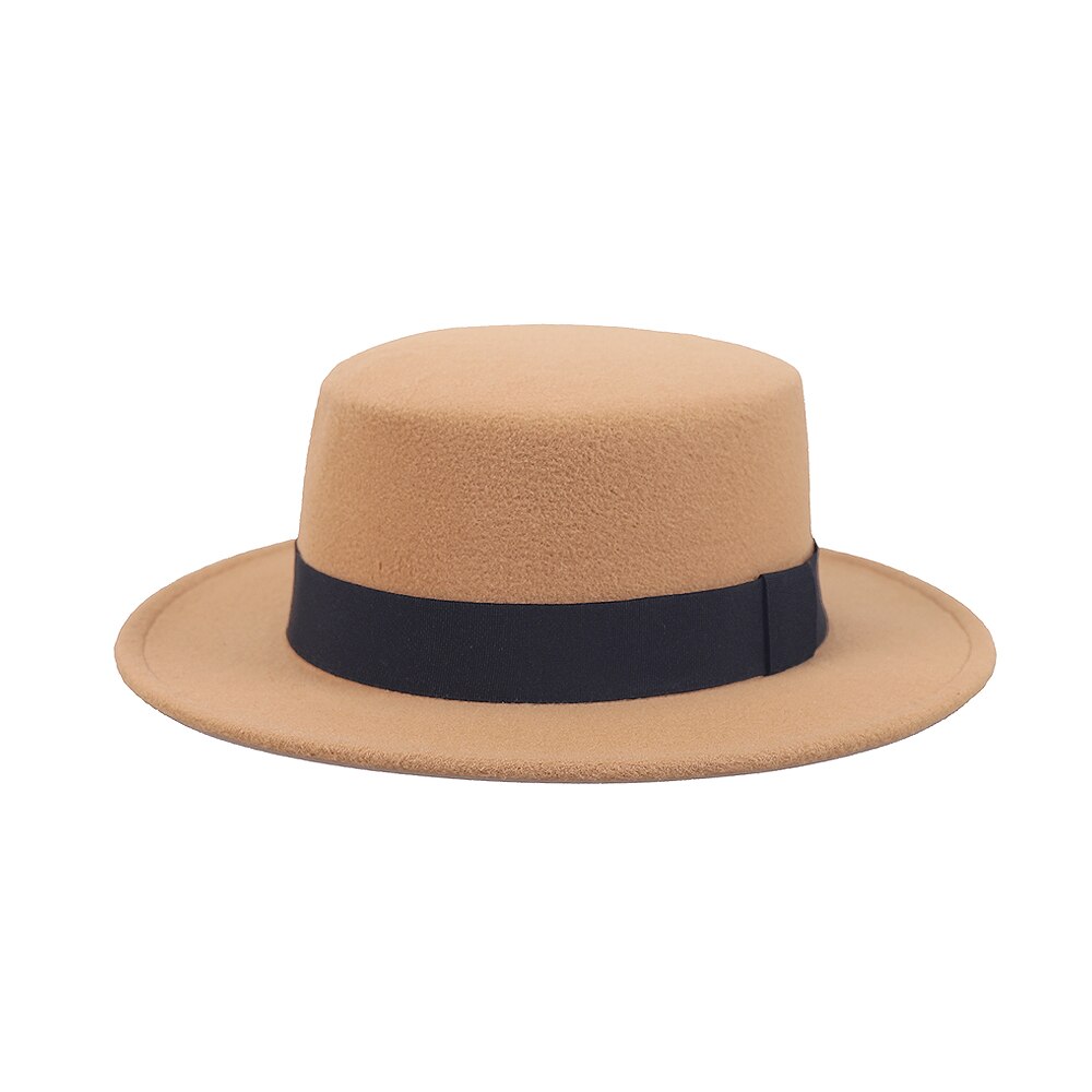 Platt hög hatt dam herr filt bred brättad fedorahatt laday prok pie chapeu de feltro bowler gambler topp hatt: Kamel