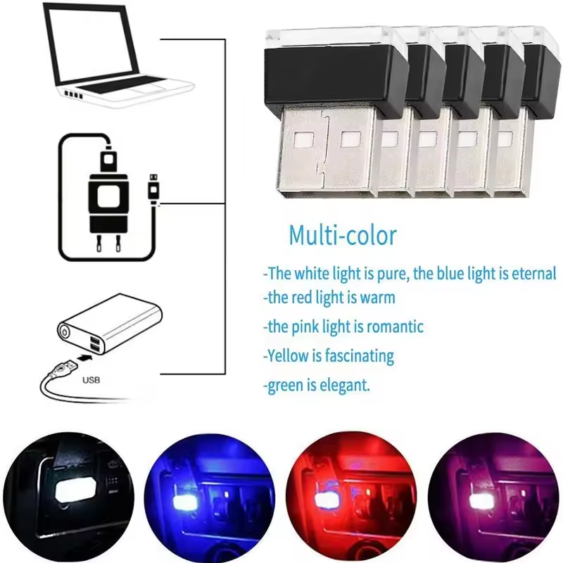 Mini luces LED USB para coche, luces ambientales interiores para coche, iluminación de emergencia, PC, luces decorativas de Color para coche, especificaciones disponibles