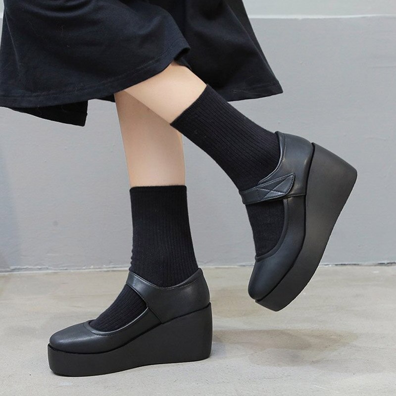 Efterår forår kvinder kiler mary janes sko sorte høje hæle platform pumps chunky dame sko zapatos mujer lolita 8703n