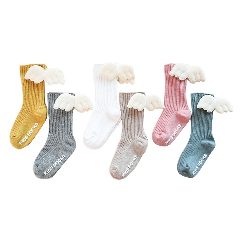6 pares de calcetines hasta la rodilla para niñas. Calcetines de algodón con alas de ángel para verano y otoño. Calcetines cortos de Color liso para niños.: L