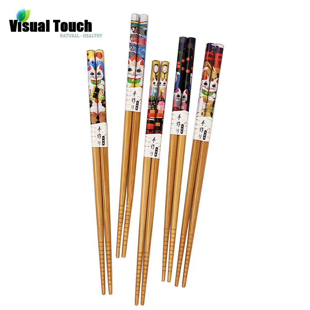 Visuele Touch 5Pcs Set Pack Lucky Kat Bamboe Houten Eetstokjes Herbruikbare Servies Dinning Japanse Eetstokje Sushi Voedsel Sticks