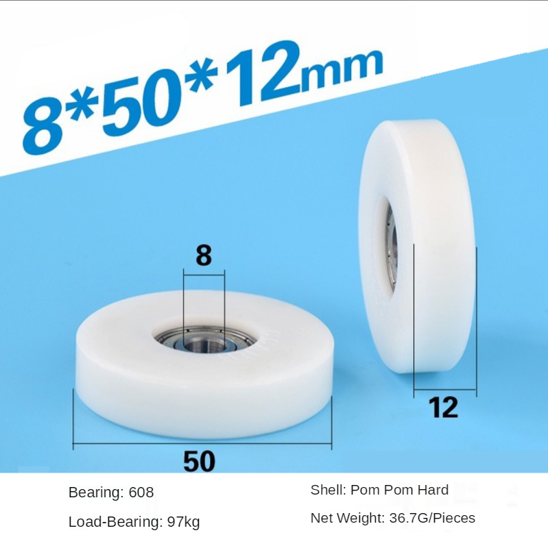 Paquete de 8*50*12mm, polea de rodamiento de plástico, rodillo POM incrustado 608 rodamientos, rueda plana de diámetro 5cm