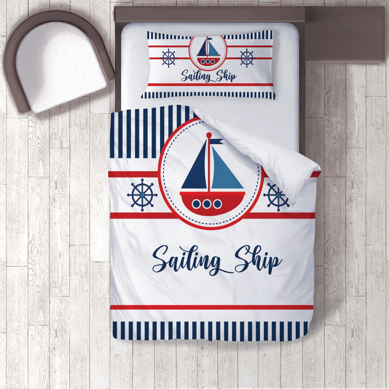Ensemble de housse de couette et taie d&#39;oreiller pour bébé et enfant, ensemble de literie, imprimé 3D, bateau à voile bleu rouge modèle 032