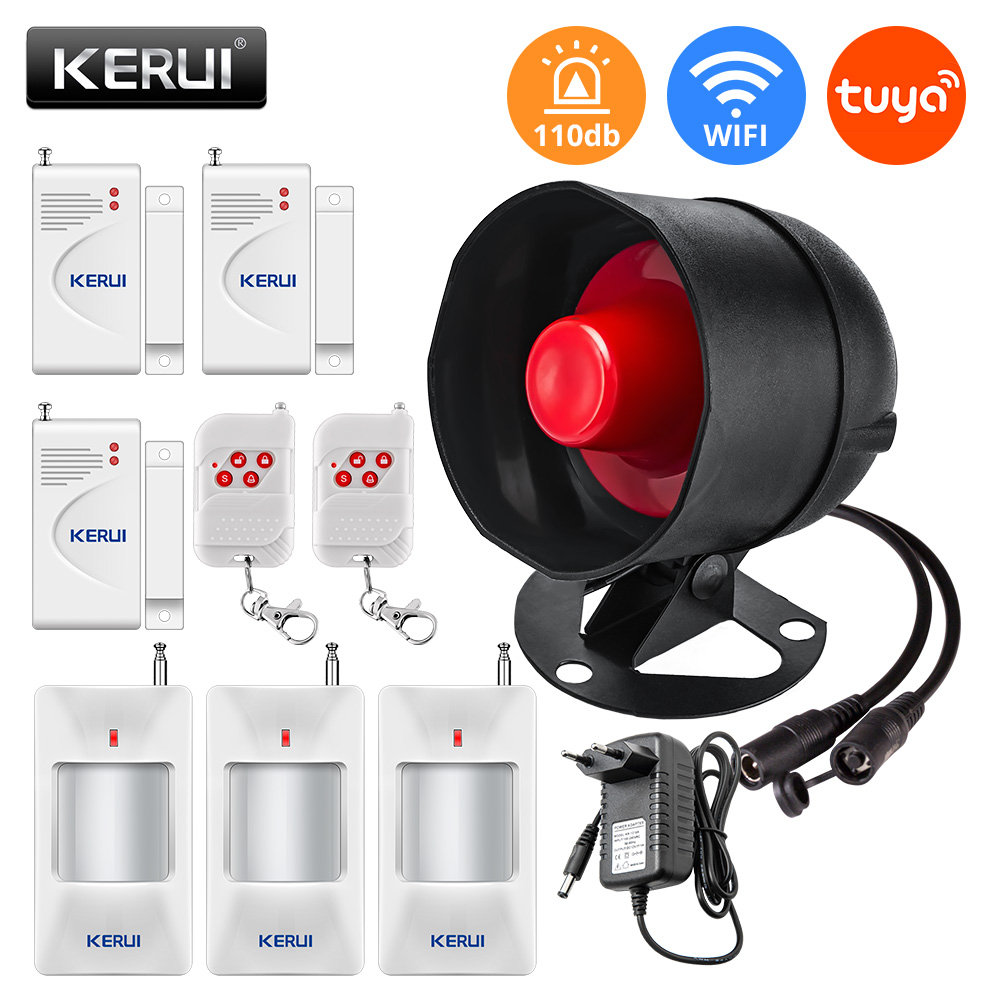 KERUI Tuya Smart WIFI Security Alarm System Kit 110dB Wireless Loud Indoor/Outdoor Siren Horn Home Burglar Motion Door Sensor: MULTI / Eu plug