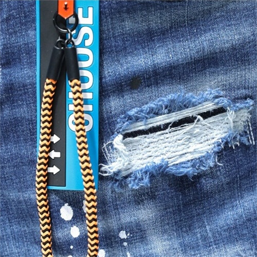 Eh · Md®Mannen Gescheurde Jeans Leer Hanger Versierd Broek Inkjet Wit Dot Geschilderde Letters Slim Katoen Rode Oren Zachte