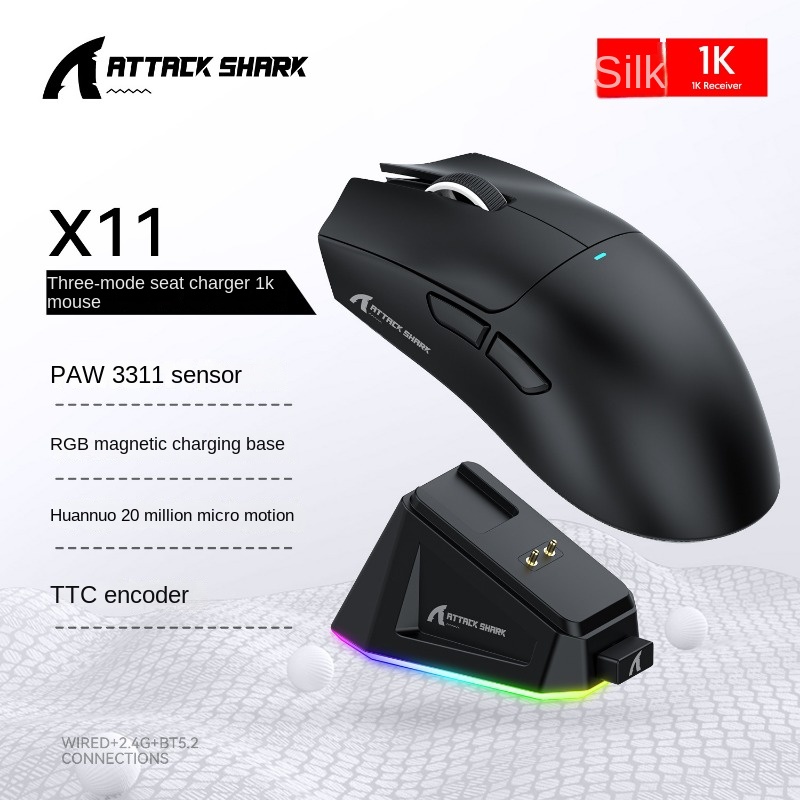 Attack Shark X11 PAW3311 ratón Bluetooth, conectividad de modo Triple, base de carga magnética táctil, ratón para juegos ultraligero: DARKNESS