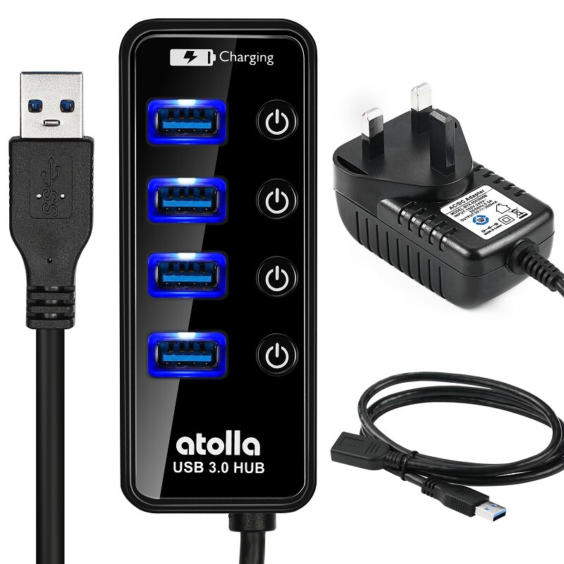Atolla Usb 3.0 Hub Met Power Adapter, 4 + 1 Data-overdracht En Opladen Multipoort, high-Speed 5Gbps Usb Splitter Voor Macbook Air: 4-port black UK kit