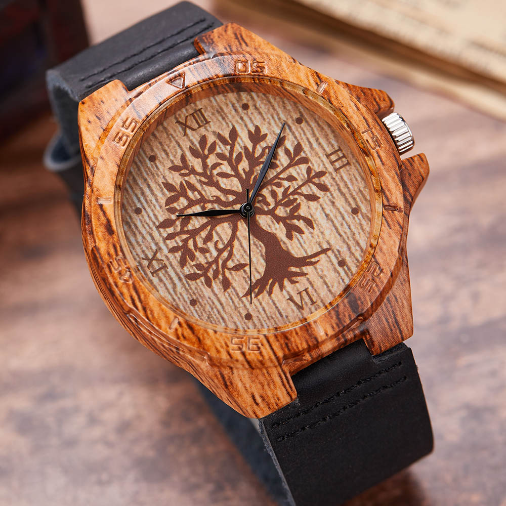 Montre-bracelet Imitation bois pour hommes et femmes, montre à Quartz, Imitation arbre de vie, bracelet en cuir souple