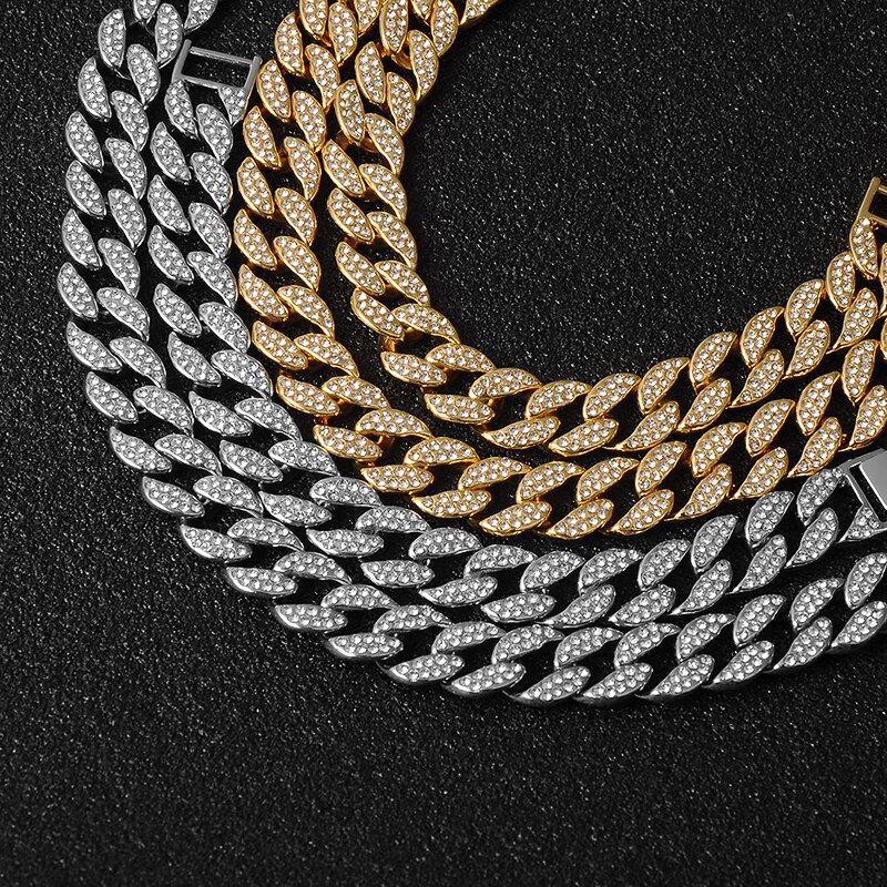 Hip Hop Miami Curb Cuban Chain Necklace 15MM Gold Iced Out Chains Paved Rhinestones CZ Bling Rapper Necklaces Men Jewelry