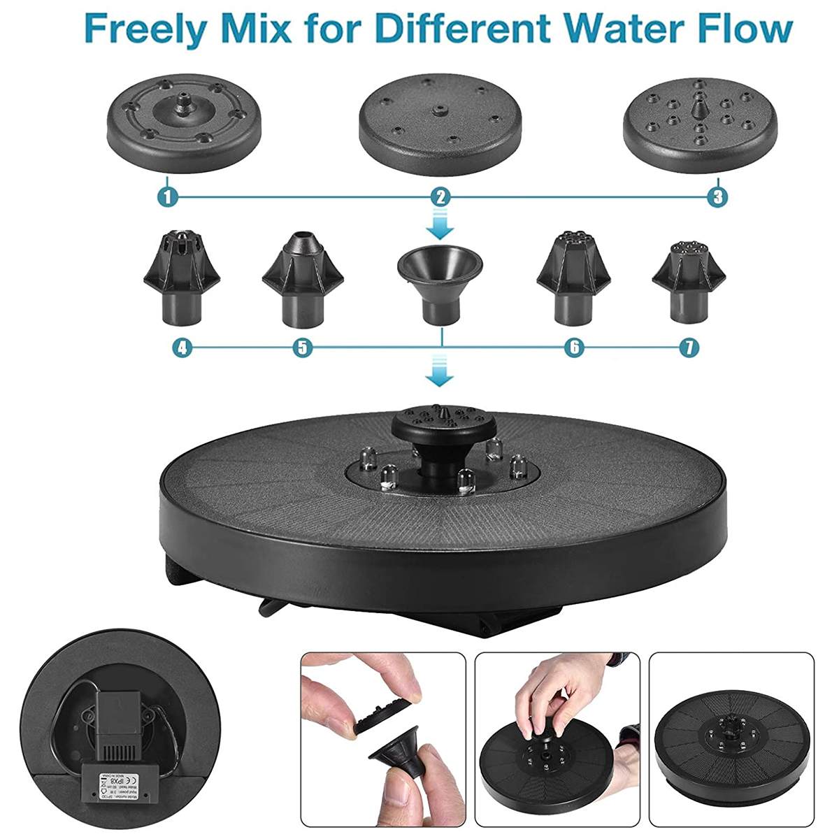 6 LED Solar Fountain Pump 7V/3W Portable Floating Solar Powered Water Fountain Pump for Birdbath Backyard Pond Pool Garden Decor