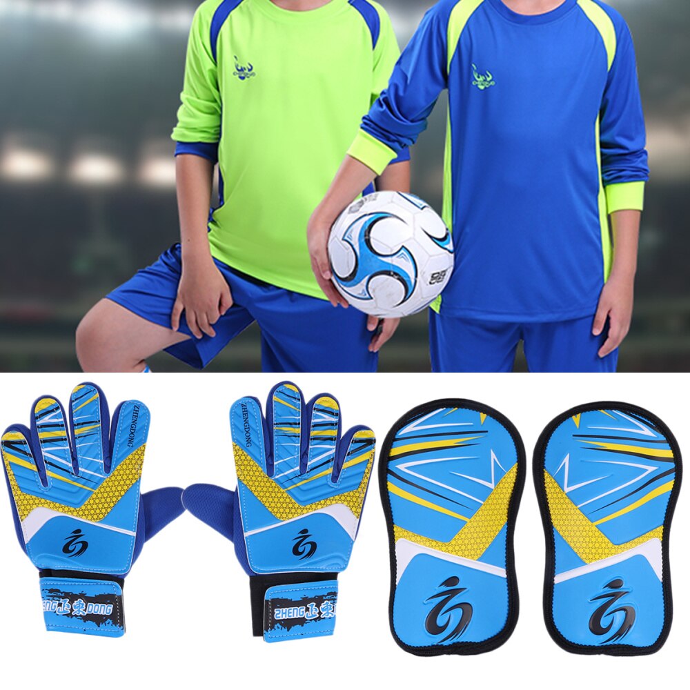 Children Football Goalkeeper Protection Gear Set Including 1 Pair Shin Guards and 1 Pair - Size 7 (Blue)