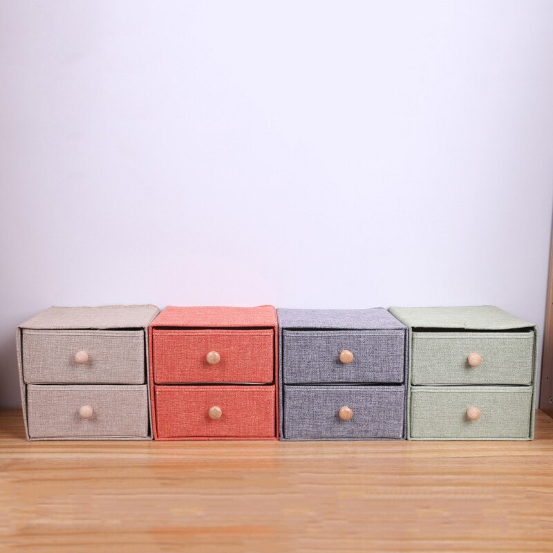 Household Linen Fabric Drawer Desktop Cosmetic Storage Drawer Wooden Handle Linen Double Storage Box Foldable Storage Box