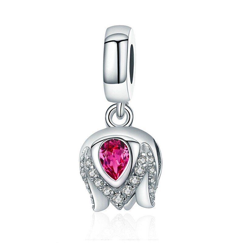 BISAER 925 Sterling Argento di Cristallo Del Fiore della Rosa Del Fiore Del Tulipano Pendenti E Ciondoli Fiore di Magnolia Cerise Perline misura I Braccialetti Gioielli FAI DA TE Che Fanno: ECC1027