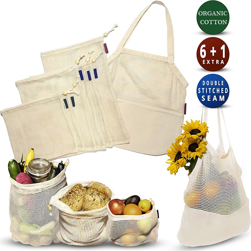 Reusable Produce Bags Organic Cotton Mesh Produce Bags Double-Stitched Seam Eco-friendly Zero Waste Grocery Shopping Bag Fruits