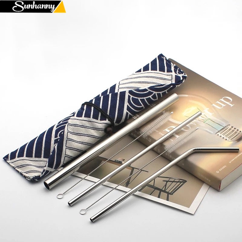 Reusable Metal Drinking Straws 304 Stainless Steel Straw Bent Straight Smoothies Straw with Cleaning Brush Bar Party Accessory