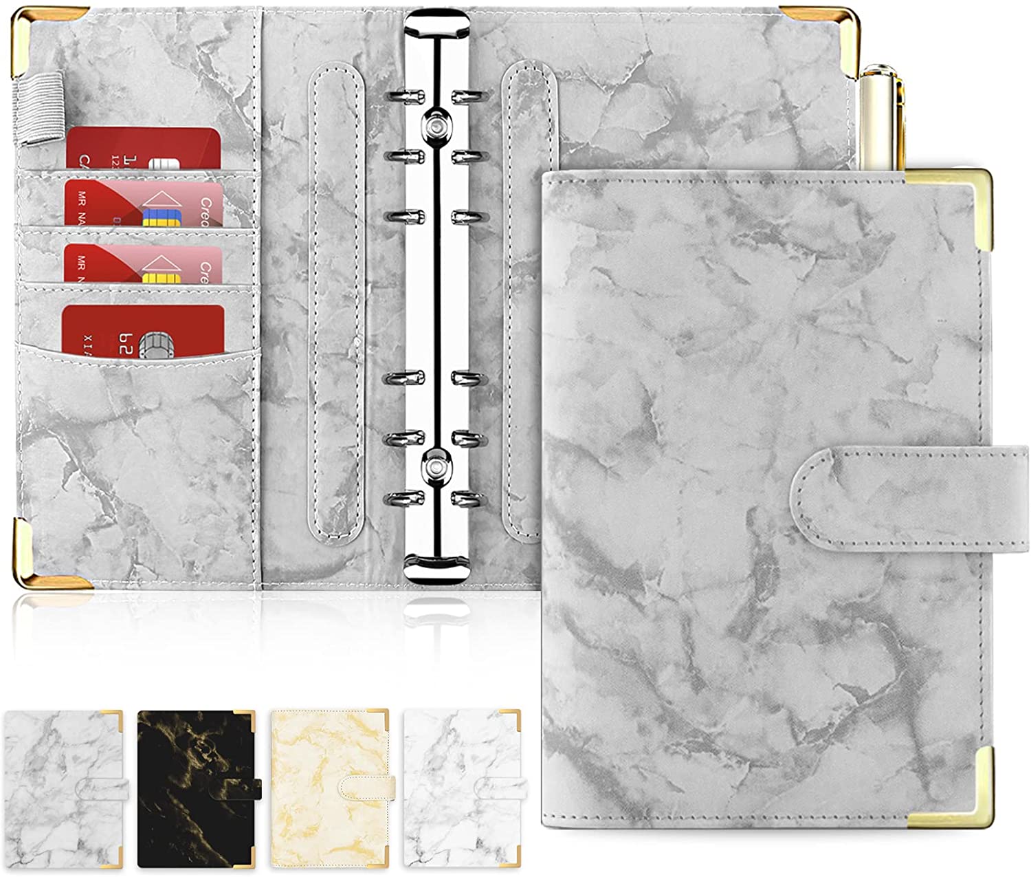 A6 PU Leather Notebook Binder Marble Refillable Binder Cover 6 Ring Loose Leaf Budget Planner Binder Cover with Magnetic Buckle: Grey with corner