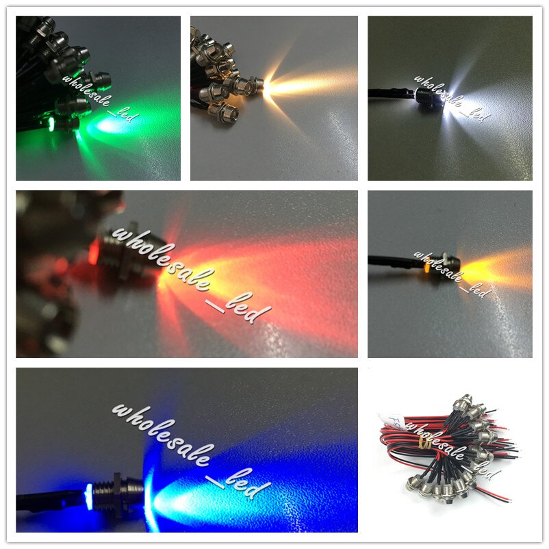 20pcs Pre wired 5mm LED Light Lamp Bulb 18cm Prewired 12V with Chrome Bezel Holder White Orange Red Blue Green Yellow RGB Flash