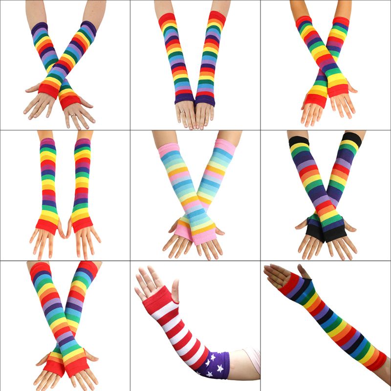 Mujer niña codo de punto, calentador de manga de brazo para protección solar Rayas Patchwork guantes sin dedos con agujero de pulgar disfraz