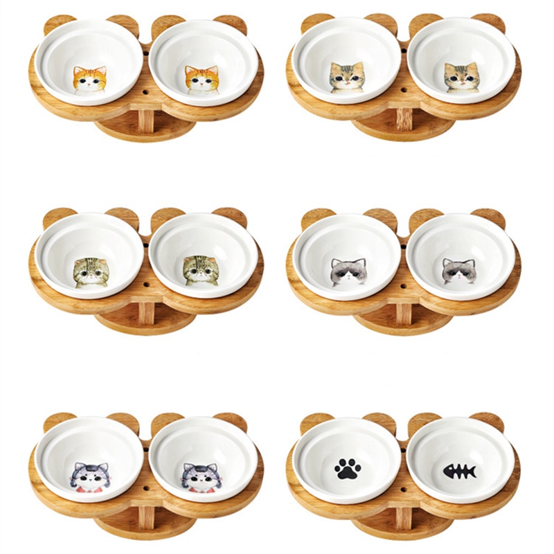 Nuovo alto-fine animale domestico Ciotola di Bambù Mensola in Ceramica di Alimentazione e Bere Ciotole per Cani Gatti Doppio Ciotole animale domestico alimentatore accessori