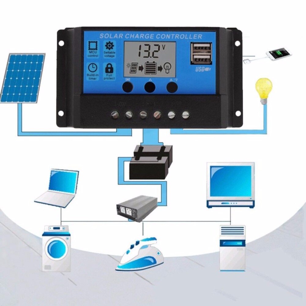 12v/24v solpanel oplader controller batteriregulator usb lcd solopladningssystem controller med timer lyssensor