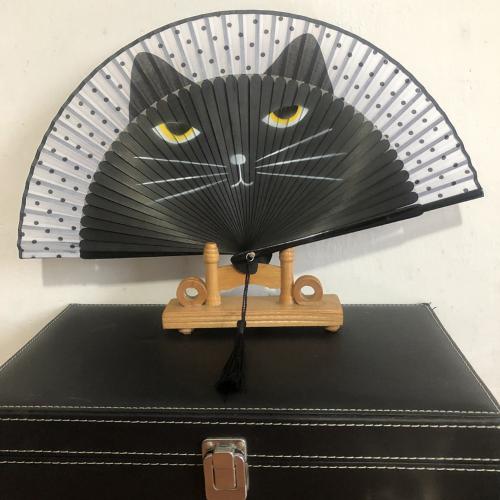 Cats Folding Fan Tassel Dancing Folding Hand Fan Craft Original Wooden Hand Flower Bamboo Fan for Home Decor Fiestas: black
