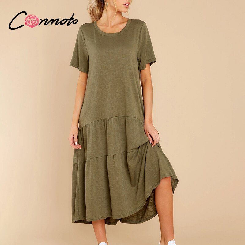Conmoto Aline ethnic soild color loose women dress Summer causel cozy dress for ladies chic female dress: Green / S