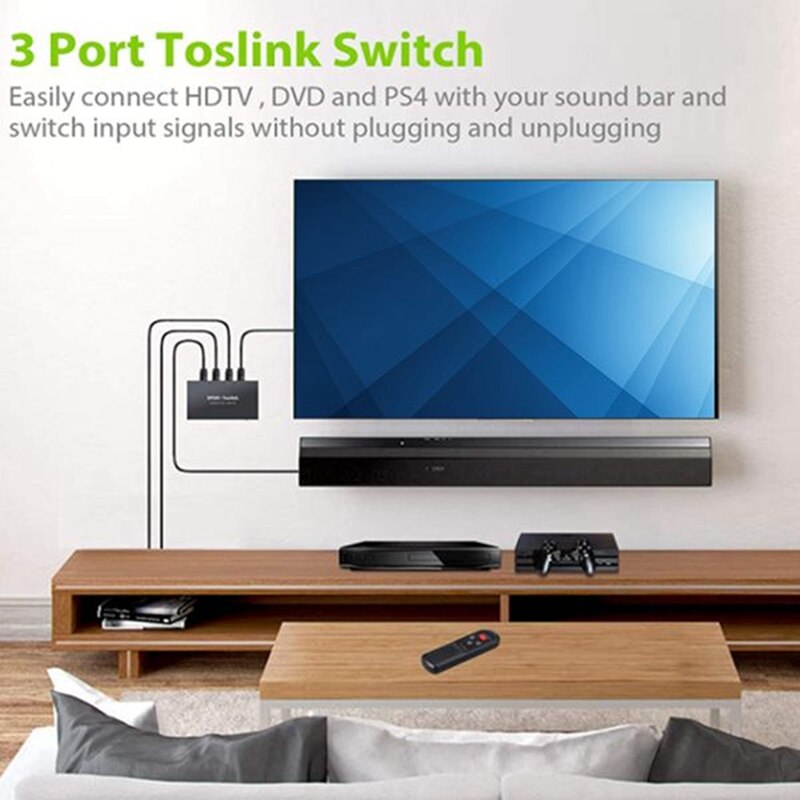 3 Port Optical Switcher Splitter 3 in 1 Out, with 2 Way Spdif Toslink Optical Splitter/IR Remote Control Optical US Plug