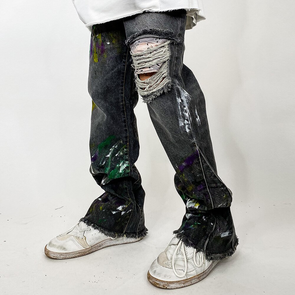 Hip hop graffiti denim flare bukser herre afslappet lynlås revet hul efterår vinter streetwear lange bukser joggers jeans