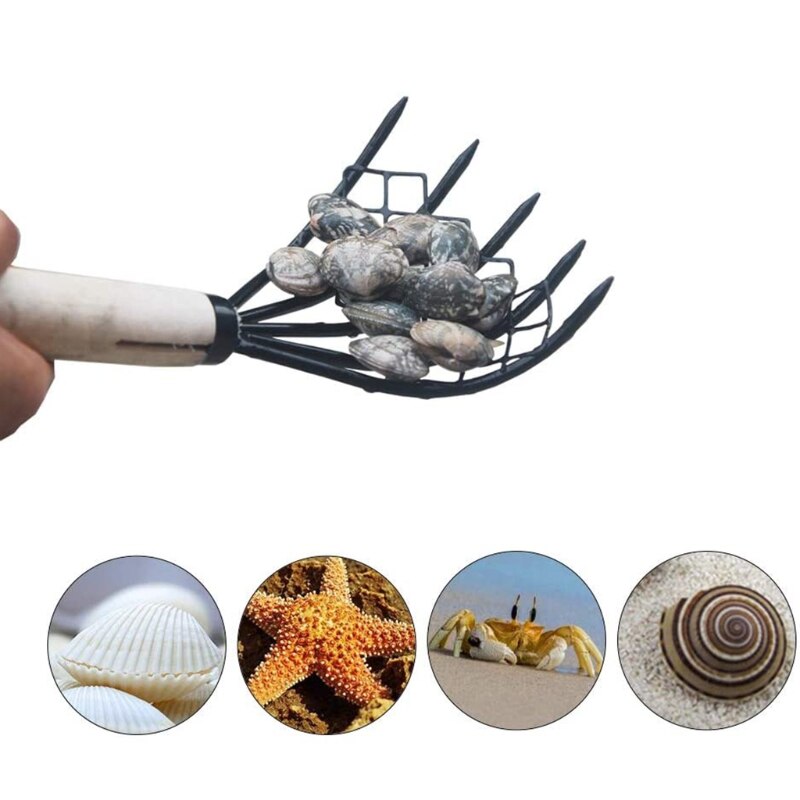 Sturdy Compact Claw Rake with Mesh Net 5-Tine Clamming Claws Long Handled Shell Clam Digger 15 Inch Hand Rake