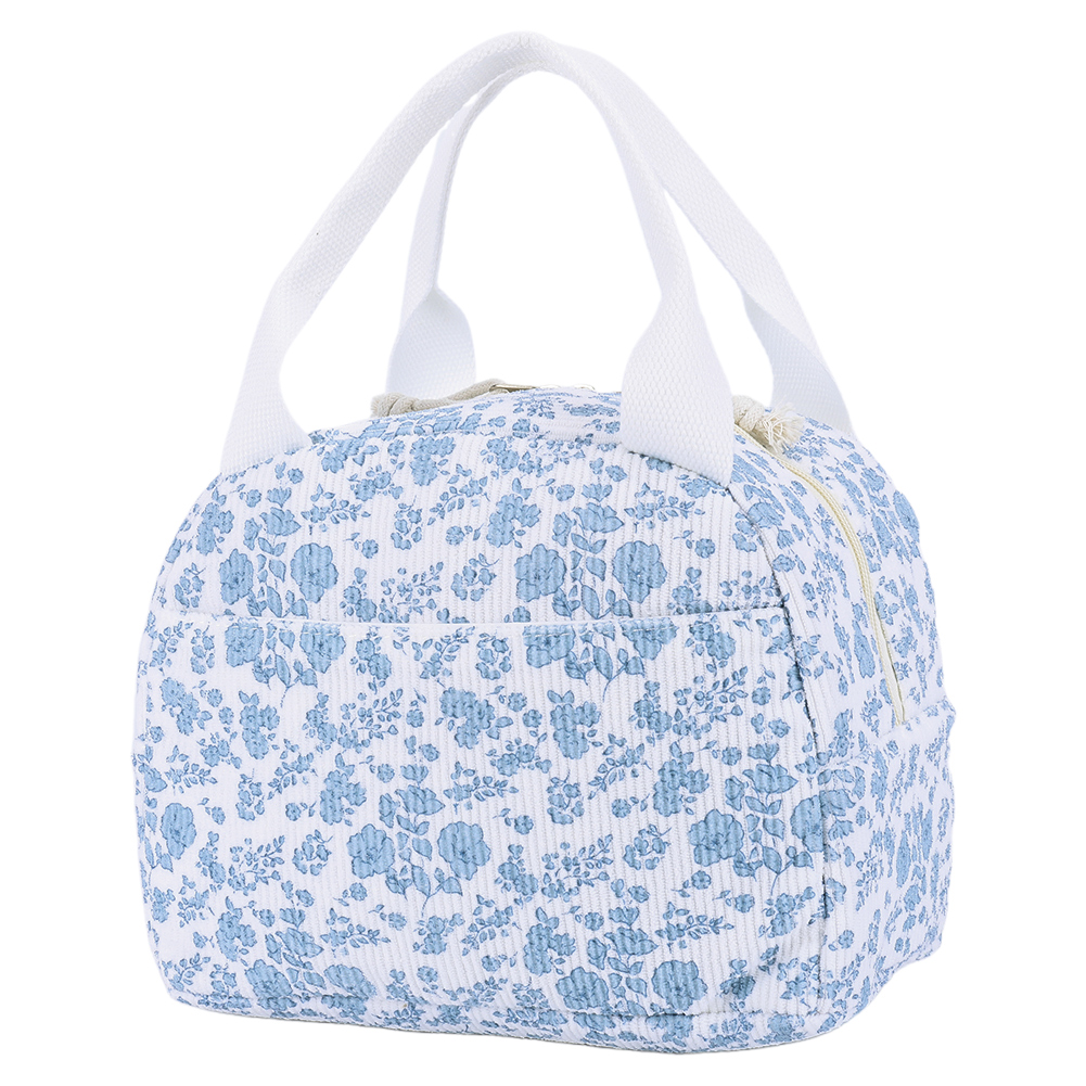 Women Quilted Lunch Bag Large Capacity Hand-Held Cooler Bag Floral Printed Cotton Padded Picnic Bag Travel Picnic Camping Bag