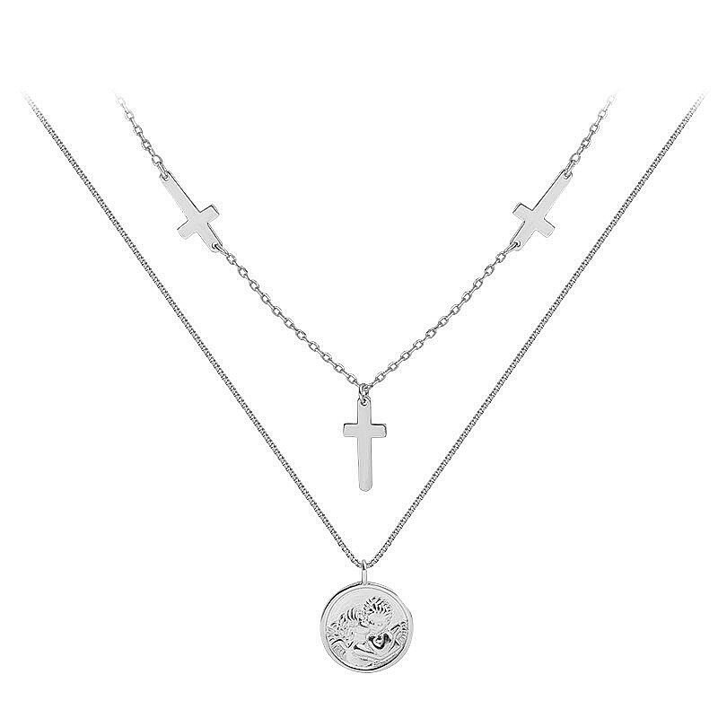 Flowershav 925 Sterling Silber Hiphop Doppel Schicht Kreuz Halskette Für Frauen Männer Runde Engel Schlüsselbein Kette Halskette Schmuck: JSN26-2