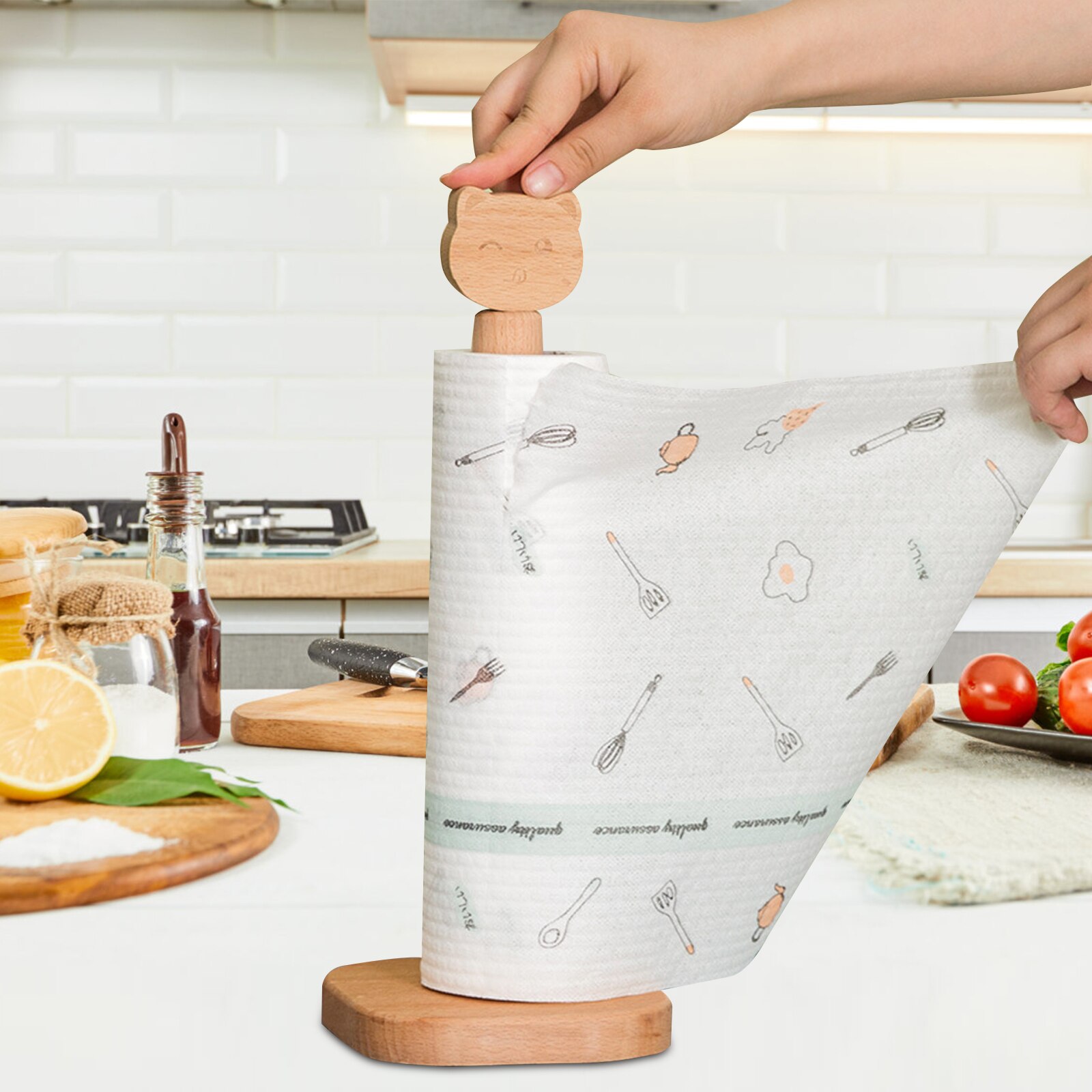 Wooden Roll Paper Stand Kitchen Paper Towel Holder Cute Cat Bird Tissue Stand Bathroom Kitchen Paper Hanger Cabinet Organizer