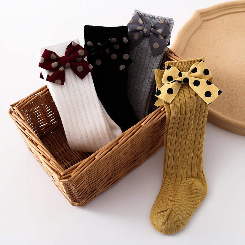 Lente Herfst Baby Sokken Warm Dot Bows Kids Meisje Kniehoge Sokken Effen Kleur Zachte Baby Peuter Lange Sokken