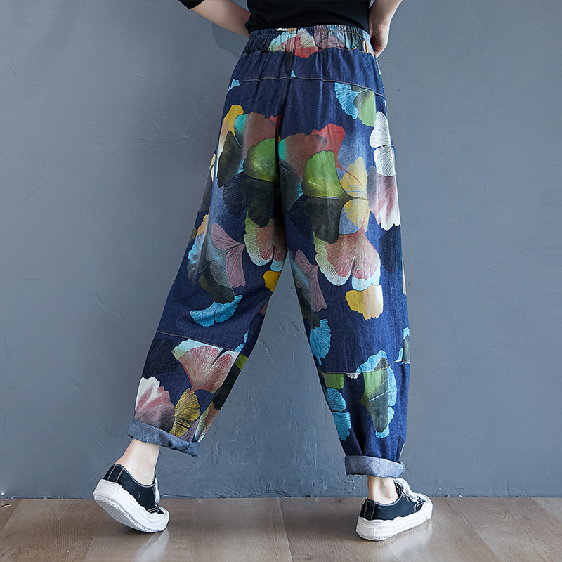 Print Ginkgo leaves Street Casual Jeans Korea Style Washed Denim Jeans Harem Pants Women Autumn Spring Cowboy Jeans