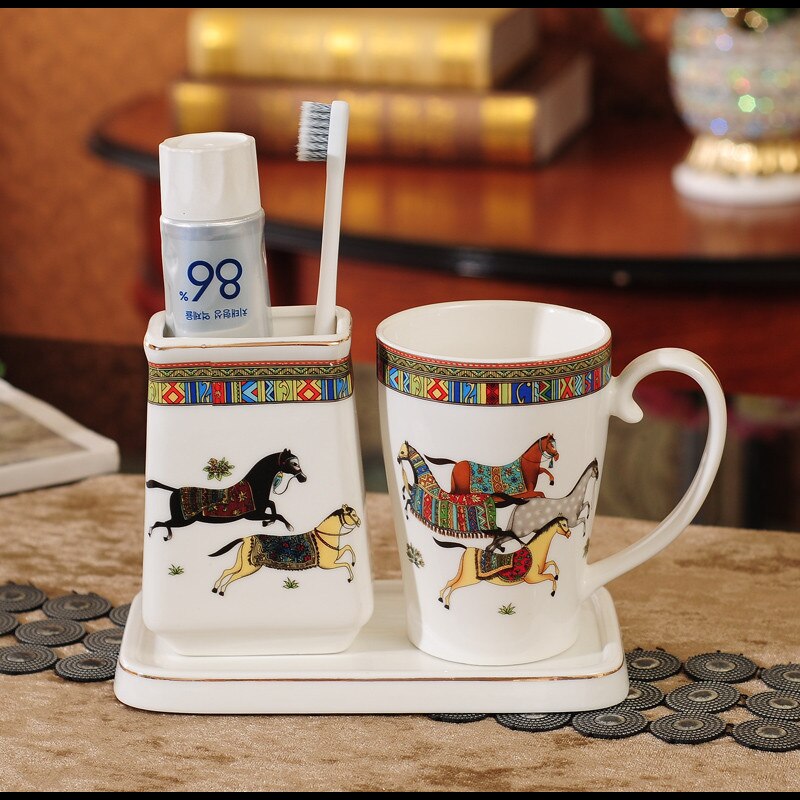 Juego de accesorios de baño de cerámica para cepillos de dientes taza de gárgaras con bandeja estilo europeo 3 piezas Set de de boda