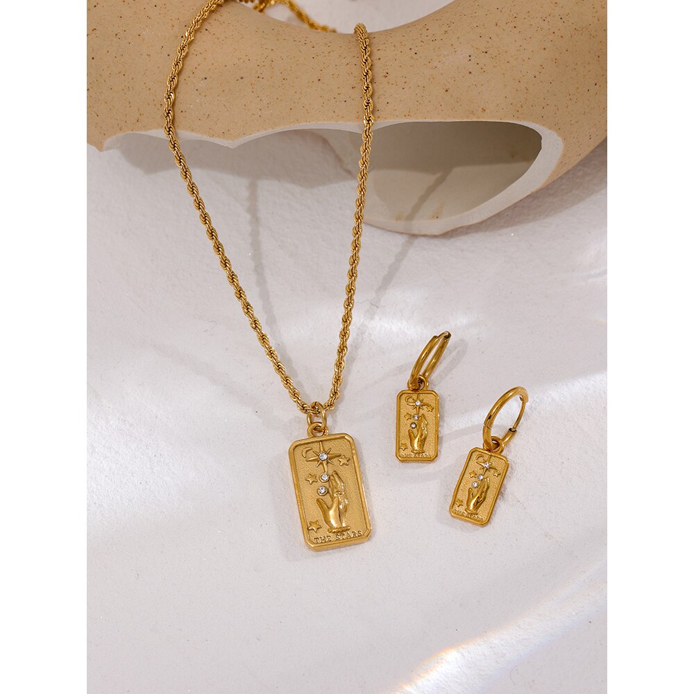 Yhpup Rvs Star Hand Hanger Ketting Oorbellen Set Verklaring Gouden Celestial Set Titanium Stalen Sieraden 2022