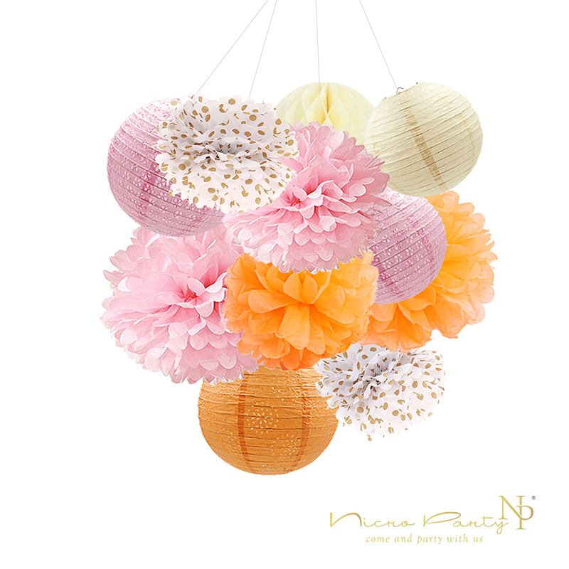 Nicro 11 stuks/set roze & oranje tissuepapier bloem papieren lantaarn honingraat voor verjaardagsfeestjes bruiloften en verlovingen kinderdag