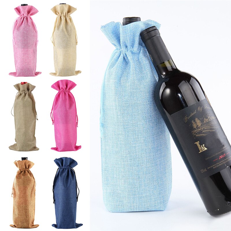 Linen Wine Bottle Covers With Drawstring Jute Wine Bag Holder Carrier For Champagne Olive oil Packaging Pouch