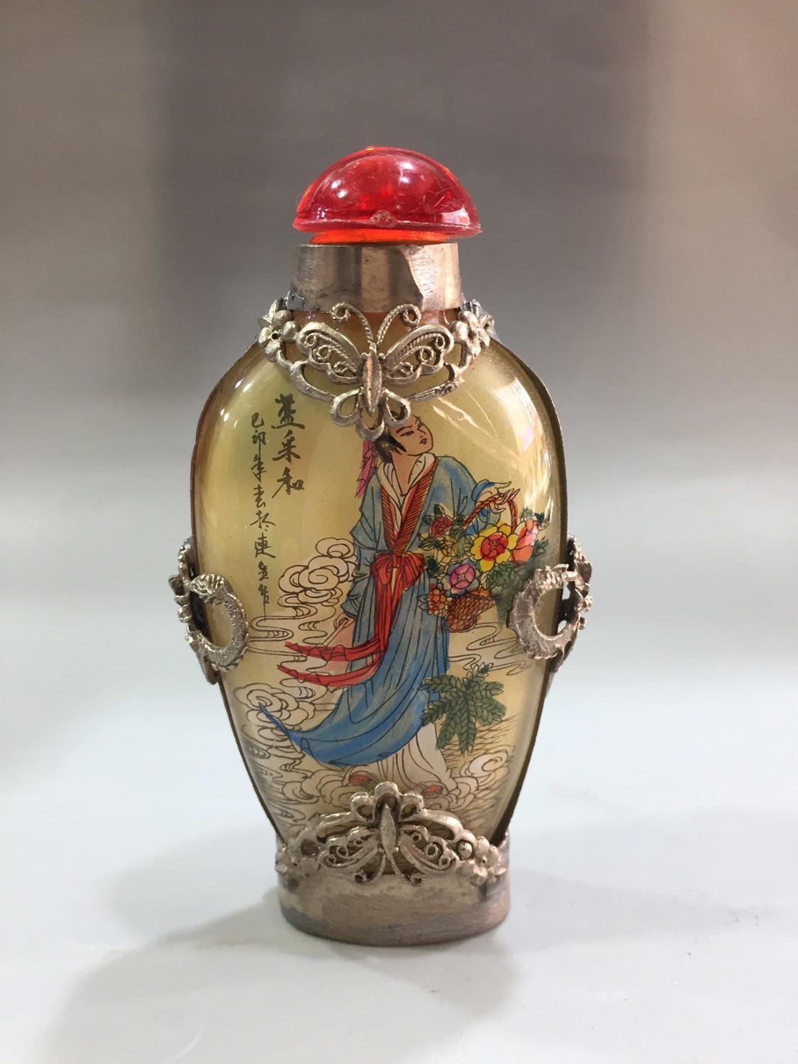 Chinees oud glas ingebouwd schilderij snuiffles tibetaans zilver mozaïek glas karakters patroon lancaihe