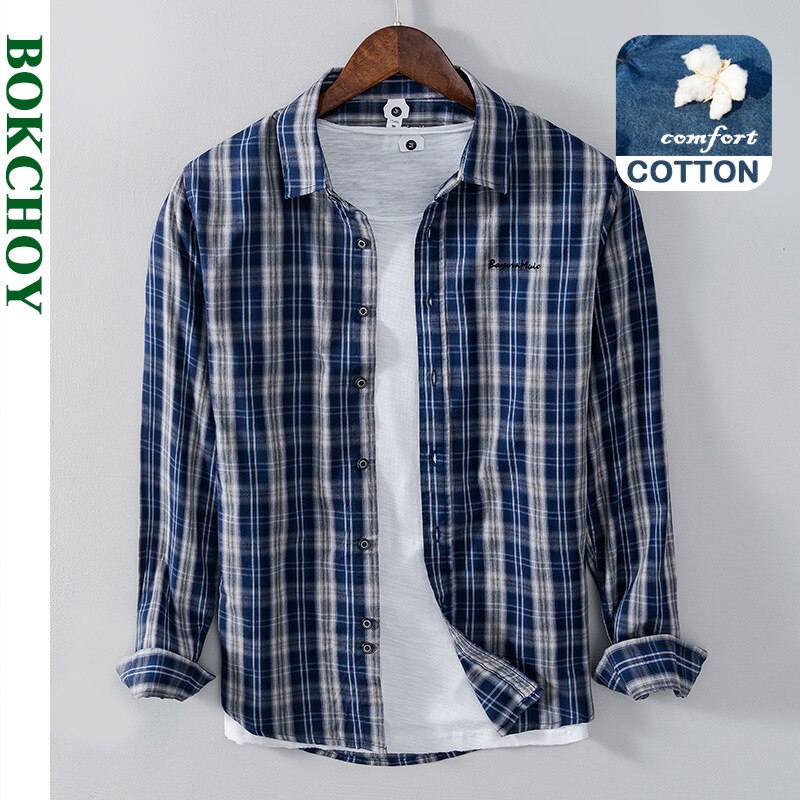 Camisa a cuadros azules de manga larga para hombre, ropa de trabajo informal a rayas, estilo Hong Kong, azul, rojo, GC-1236, novedad de verano y primavera de