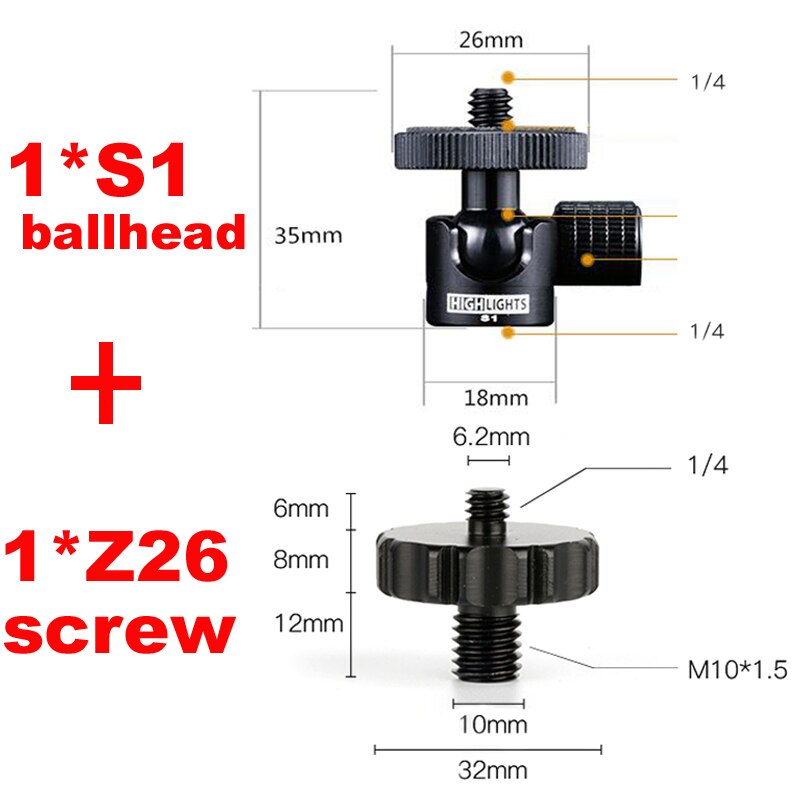 1/4 to 3/8 schroef snelspanadapter montage basis statief centrale as centrale buis lagerplaat en kogelkop verbinden monopod: 1 s1 balhoofd 1 z26