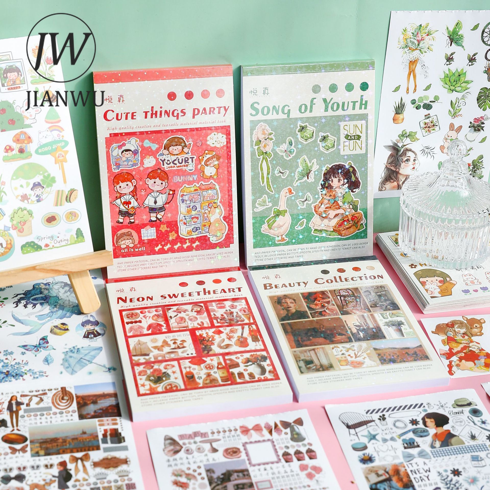 JIANWU 50 Pcs Retro Cute Cartoon Journal Stickers DIY Scrapbooking Decorative Collage Material Diary Stickers Kawaii Stationery