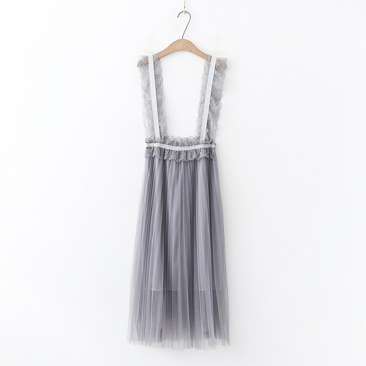 autumn and winter lace suspender dress gauze patchwork high waist pleated full slip medium long slip dress sweet strap petticoat: Gray