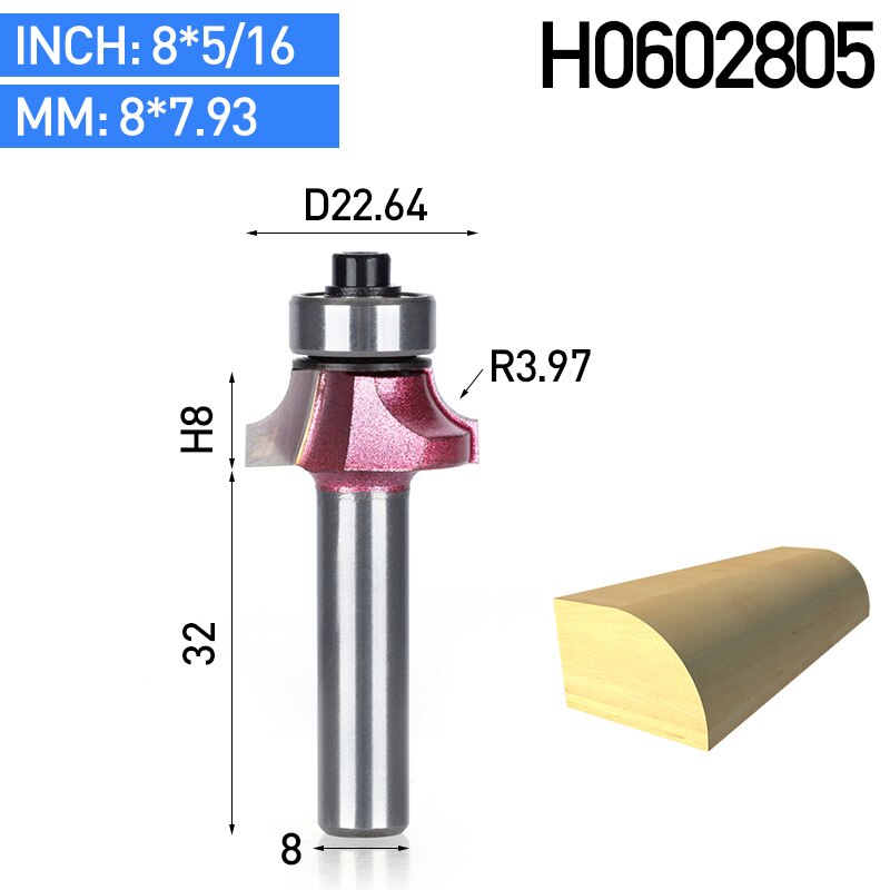 HUHAO 1pcs 8mm Shank Round-Over Router Bits for wood Woodworking Tool endmill with bearing milling cutter Corner Round Over Bit: H0602805