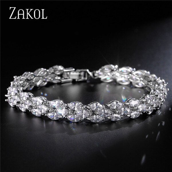 Zakol na moda casamento romano pulseiras marquise corte claro zircão cúbico folha pulseiras & bangles para festa feminino fsbp130: White