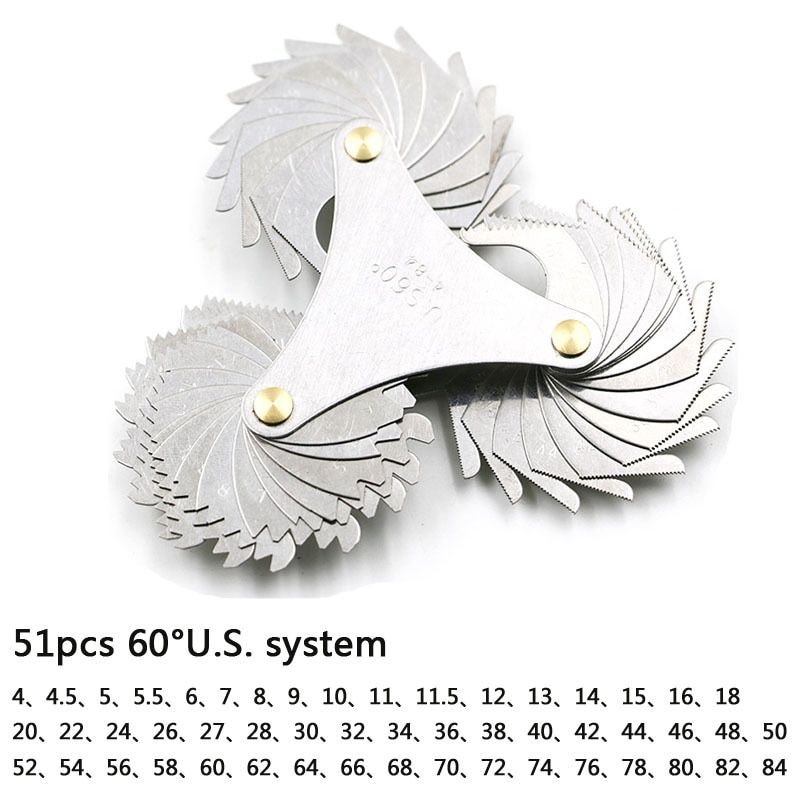 51PC Screw Gauge US Screw Pitch Steel Thread Blades 60 Degree Gauge Range 4-84 inch Thread Gauge Triangle Head Measuring Tools
