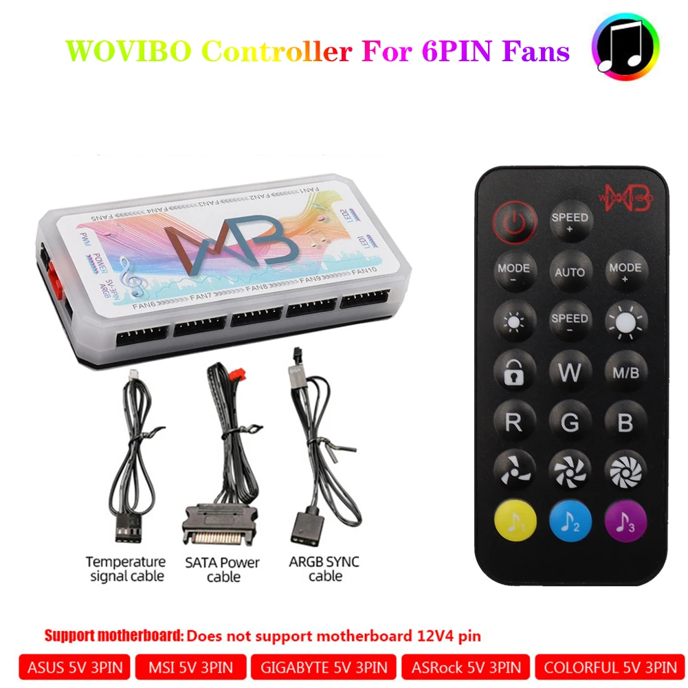 Controlador de ventiladores WOVIBO COOLMOON, 6 pines, 6 pines para ventiladores RGB 5V ARGB 120mm, puertos de barra de luz con Control remoto LED a Color: Default Title