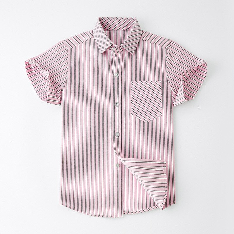 Camisa de algodón de manga corta a rayas para niños, camisa virgen grande para niños de 4 a 12 años, novedad de verano: Rosa / 12