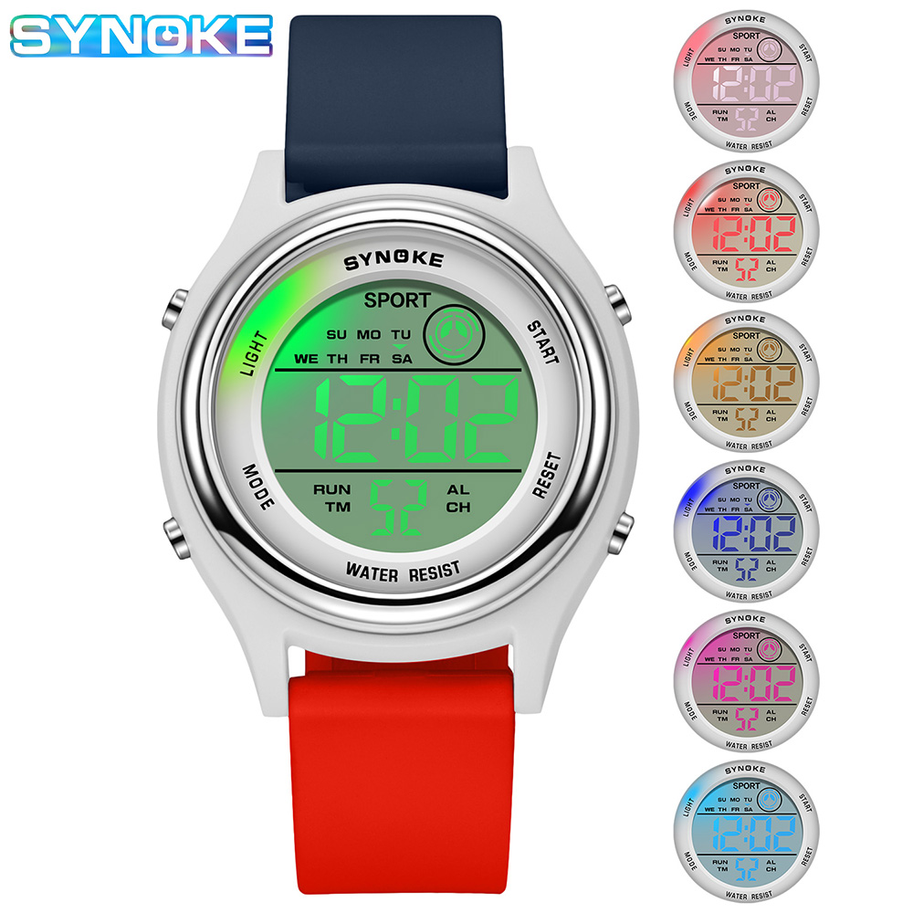 SYNOKE Kleurrijke kinderen zeven lichten horloges sport studenten digitaal horloge voor kinderen waterdicht elektronisch horloge schokbestendig