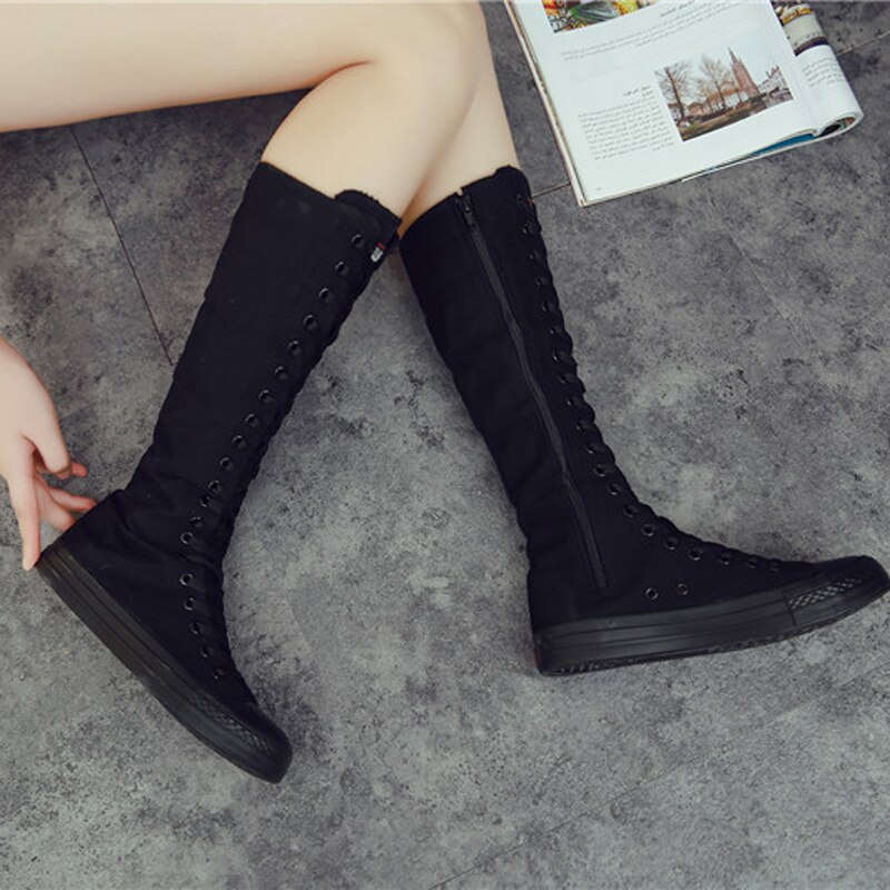 Zapatos de mujer de primavera y otoño, zapatos casuales de lona de caña alta, botas largas con cordones y cremallera, botas planas cómodas, zapatillas deportivas